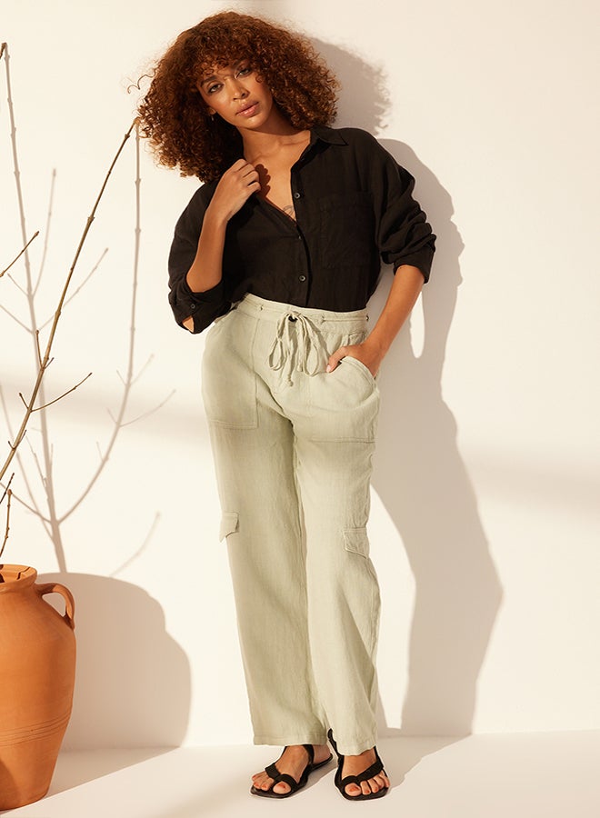 trendyol Gray 100% Linen Pocket Detailed High Waist Straight Trousers TWOSS24JE00244 - Image 3
