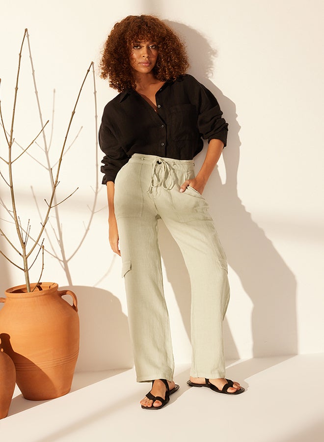 trendyol Gray 100% Linen Pocket Detailed High Waist Straight Trousers TWOSS24JE00244 - Image 2