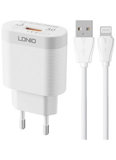 إل دينو LDNIO A303Q شاحن سريع مع كابل من USB إلى Lightning ومنفذ USB 18 واط - أبيض  - Image 1