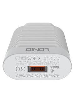 إل دينو LDNIO A303Q شاحن سريع مع كابل من USB إلى Lightning ومنفذ USB 18 واط - أبيض  - Image 5