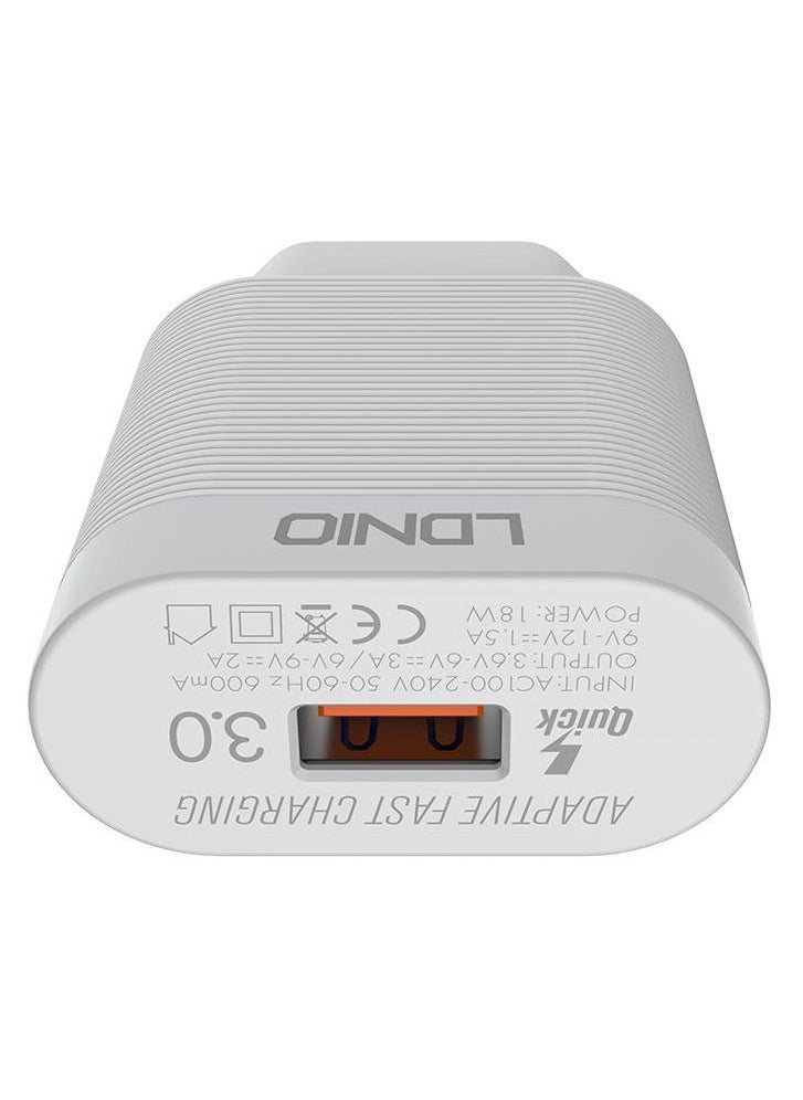 إل دينو - LDNIO A303Q شاحن سريع مع كابل من USB إلى Lightning ومنفذ USB 18 واط - أبيض - Image 1