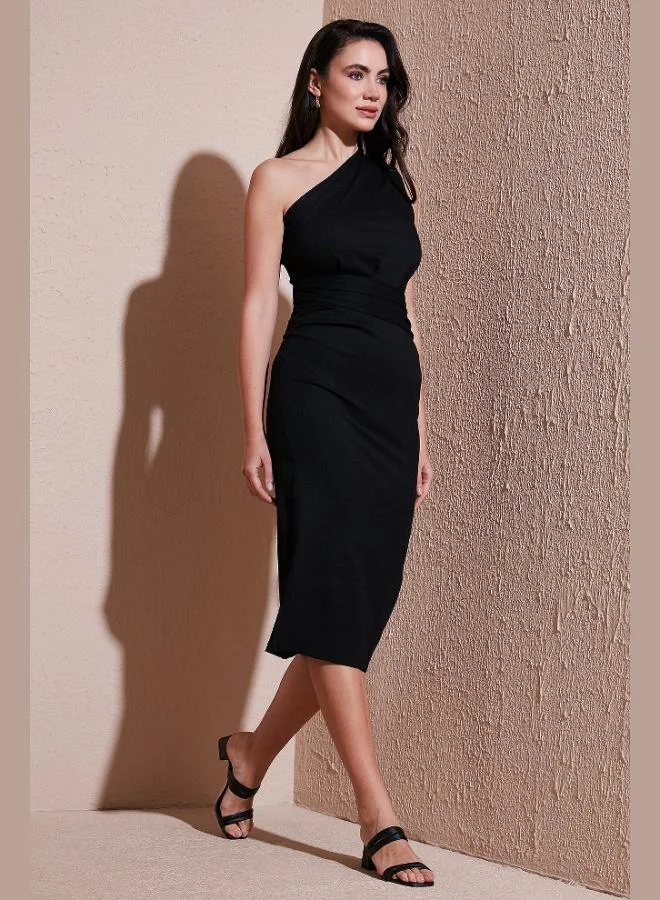 Lela Lela Patterned Slim Fit Midi Length One Shoulder Evening Dress Women's Dress 5866202