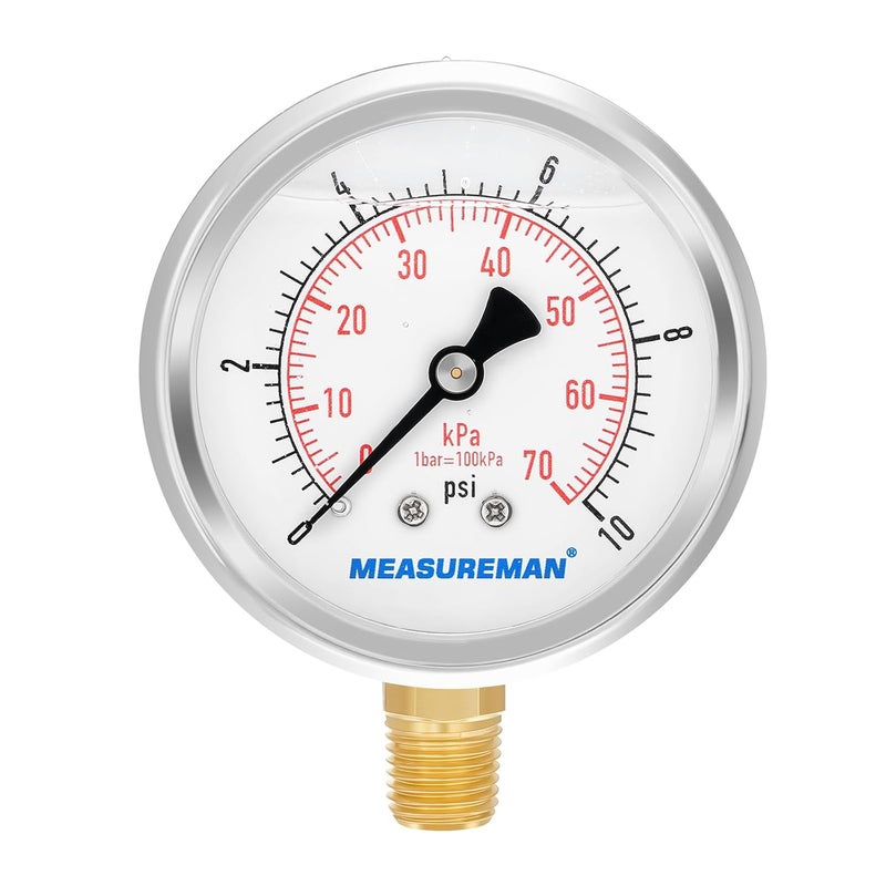 MEASUREMAN مقياس ضغط من ميزورمان، قرص 2-1/2 بوصة، تركيب سفلي 1/4 إنش إن بي تي، مملوء بالجليسرين، غلاف من الفولاذ المقاوم للصدأ، داخلي نحاسي، نطاق 0-10 رطل لكل بوصة مربعة/كيلو باسكال - Image 1