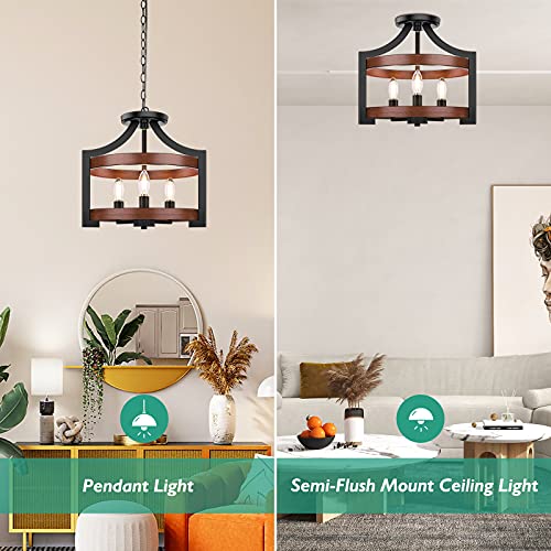 BesLowe 3-Light Farmhouse Chandelier, 14.5” Pendant Hanging Lighting Adjustable Height, Convertible Vintage Semi Flush Mount Ceiling Light Fixture, Rustic Chandeliers for Dining Room Foyer Entryway Kitchen - Image 3