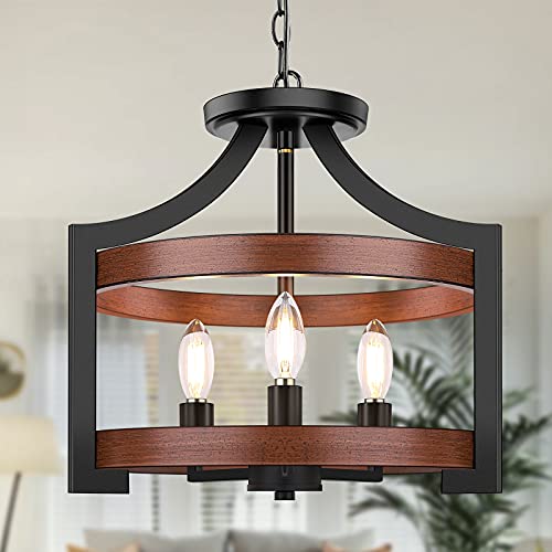 BesLowe 3-Light Farmhouse Chandelier, 14.5” Pendant Hanging Lighting Adjustable Height, Convertible Vintage Semi Flush Mount Ceiling Light Fixture, Rustic Chandeliers for Dining Room Foyer Entryway Kitchen - Image 1