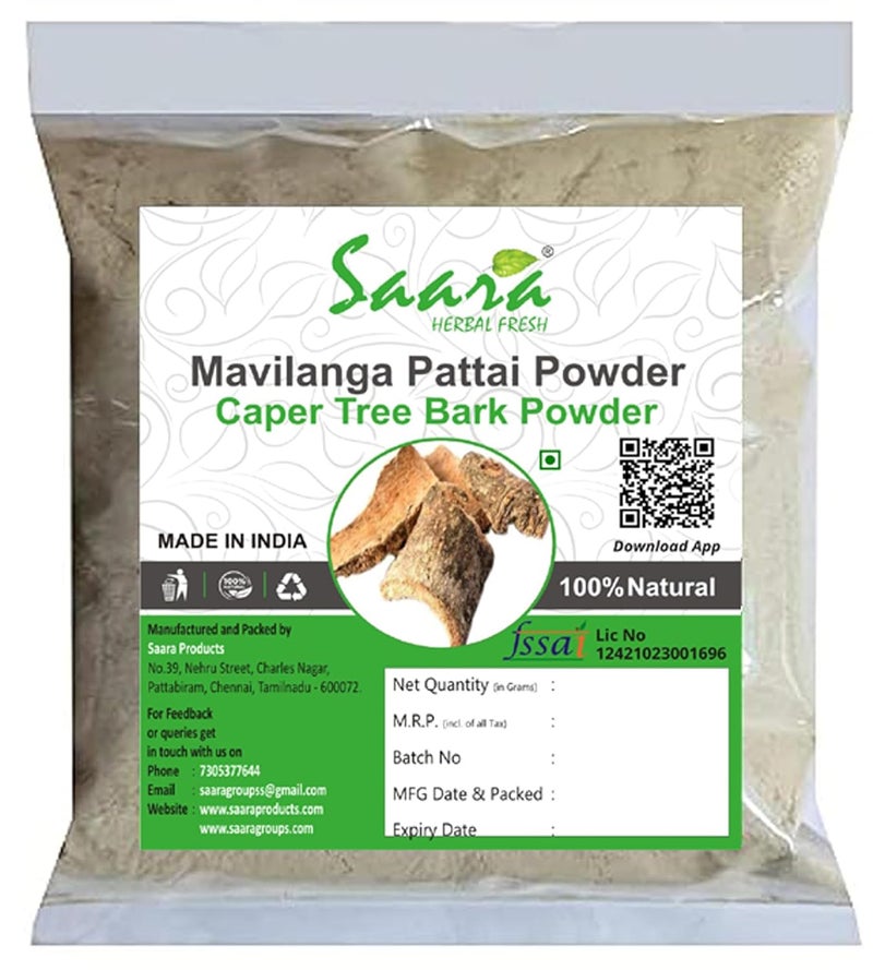 Saara HERBAL FRESH Mavilanga Pattai Powder401gram Mavilanga PattaiMaavilanga PattaiVarun ChhalBarna Crataeva Nurvala BarkCaper Tree Bark Powder 401g Pack 101g x 4 - Image 1