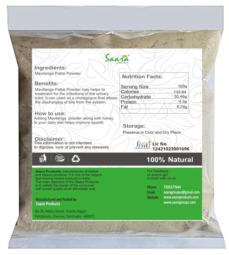 Saara HERBAL FRESH Mavilanga Pattai Powder401gram Mavilanga PattaiMaavilanga PattaiVarun ChhalBarna Crataeva Nurvala BarkCaper Tree Bark Powder 401g Pack 101g x 4 - Image 2