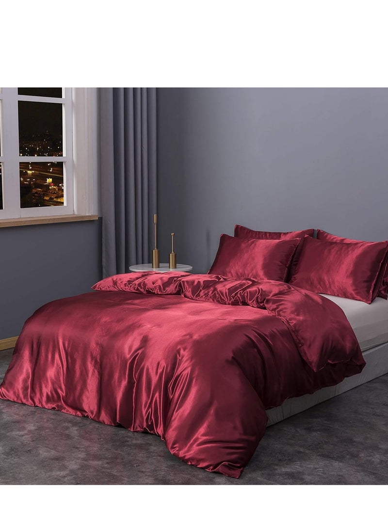 Bedding Duvet Cover Sets, 3 Pieces Satin Bedding Set, Queen Size Silky Duvet Covers Collection, 1x Cooling Duvet Cover 90x90 Inches and 2 Pillowcases, Comforter Not Included (Red）  - Image 5