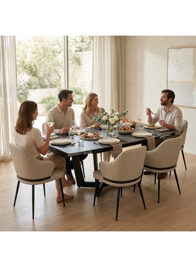 ROYALOAK Lucas Glass Dining Table 6 Seater Set, Extendable Sintered Top with Metal Powder-Coated Legs, Leatherette Cushioned Dining Chairs Set of 6, Supportive Backrest, Built for Everyday Use - Image 5