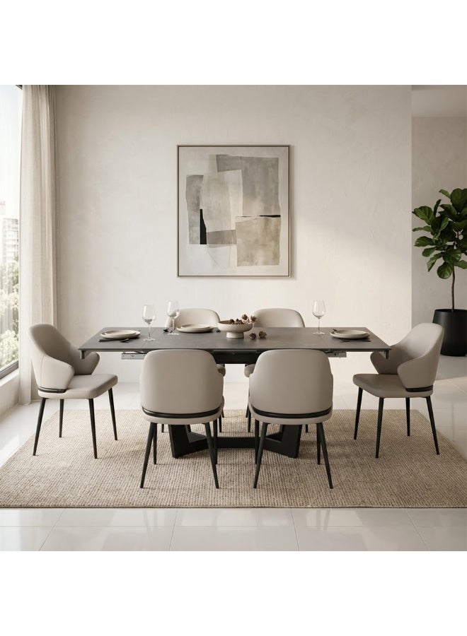 ROYALOAK Lucas Glass Dining Table 6 Seater Set, Extendable Sintered Top with Metal Powder-Coated Legs, Leatherette Cushioned Dining Chairs Set of 6, Supportive Backrest, Built for Everyday Use - Image 1