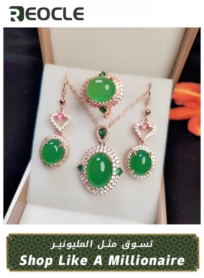 ريوكل طقم مجوهرات نسائي مكون من 3 قطع من العقيق الأبيض وخاتم وأقراط وقلادة طقم مجوهرات أنيق من الكريستال كهدية للزوجة أو الصديقة أو الأم - Image 1