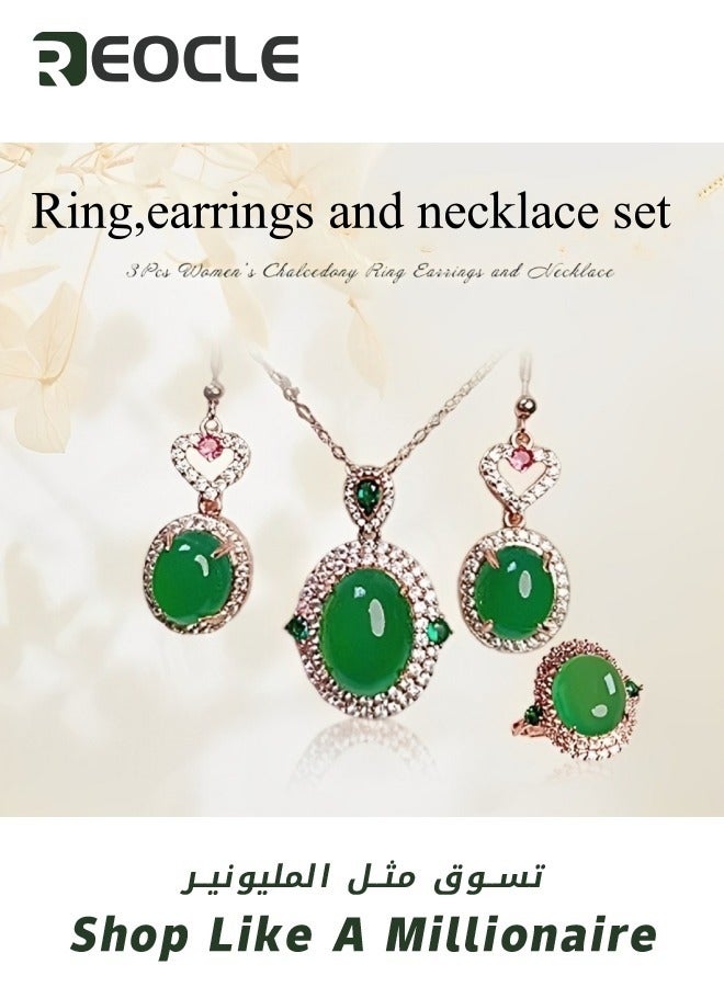 ريوكل طقم مجوهرات نسائي مكون من 3 قطع من العقيق الأبيض وخاتم وأقراط وقلادة طقم مجوهرات أنيق من الكريستال كهدية للزوجة أو الصديقة أو الأم - Image 2