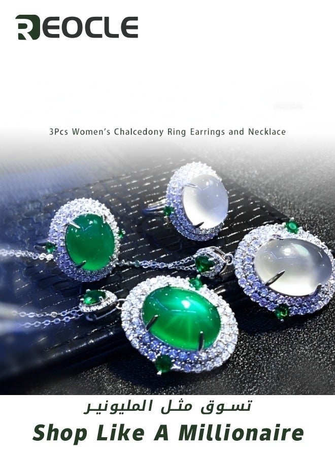 ريوكل طقم مجوهرات نسائي مكون من 3 قطع من العقيق الأبيض وخاتم وأقراط وقلادة طقم مجوهرات أنيق من الكريستال كهدية للزوجة أو الصديقة أو الأم - Image 3