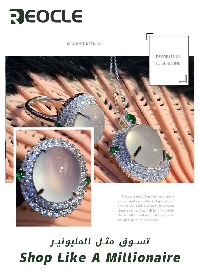 ريوكل طقم مجوهرات نسائي مكون من 3 قطع من العقيق الأبيض وخاتم وأقراط وقلادة طقم مجوهرات أنيق من الكريستال كهدية للزوجة أو الصديقة أو الأم - Image 4