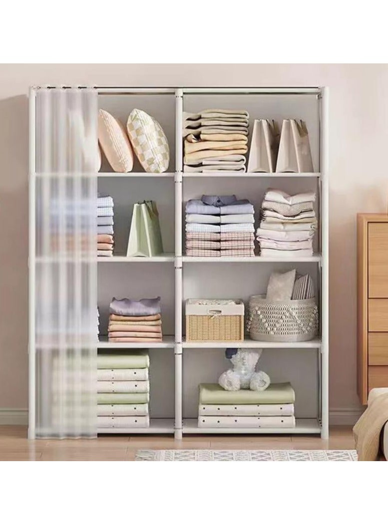 Dustproof Wardrobe Storage Cabinet Double Row 5 Shelf Organiser With Curtain Multifunctional Wardrobe Bookcase In One White