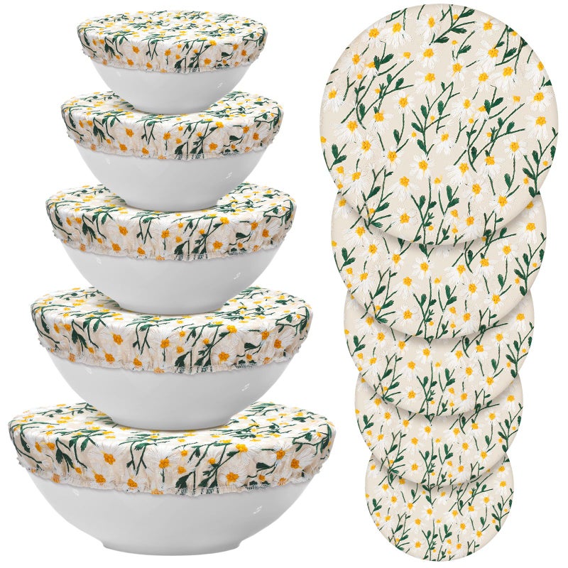 Patelai 10 Pcs Bowl Covers Reusable in 5 Size Stretch Cloth Fabric Elastic Food Storage Bowl Covers Bread Sourdough Lids for Proofing Food Fruits LeftoverYellow Green WhiteChrysanthemum - Image 2
