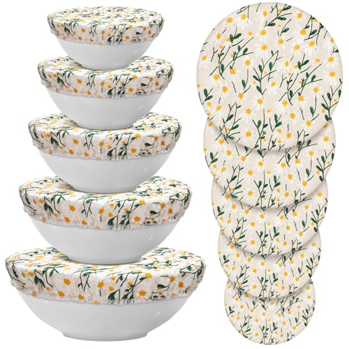 Patelai 10 Pcs Bowl Covers Reusable in 5 Size Stretch Cloth Fabric Elastic Food Storage Bowl Covers Bread Sourdough Lids for Proofing Food Fruits LeftoverYellow Green WhiteChrysanthemum - Image 1