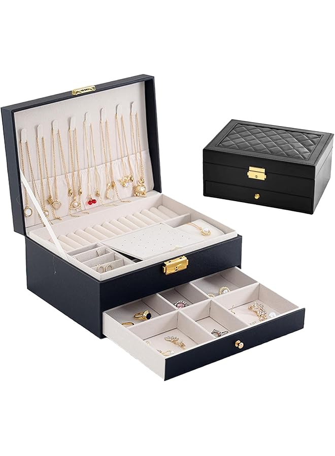 The Bros Jewelry Box, PU Jewelry Case, 2 Layers Jewelry Storage Organizer With Lock for Necklace Earring Ring Bracelets for Women Girls Gift (Black) - Image 1