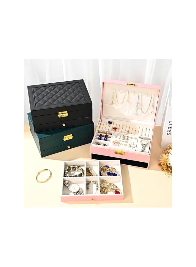 The Bros Jewelry Box, PU Jewelry Case, 2 Layers Jewelry Storage Organizer With Lock for Necklace Earring Ring Bracelets for Women Girls Gift (Black) - Image 5