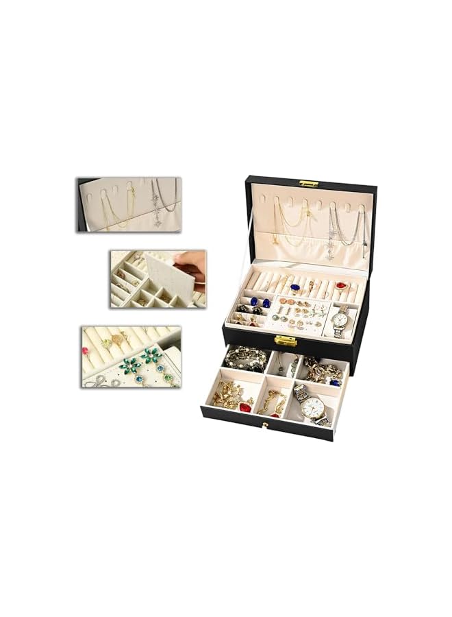 The Bros Jewelry Box, PU Jewelry Case, 2 Layers Jewelry Storage Organizer With Lock for Necklace Earring Ring Bracelets for Women Girls Gift (Black) - Image 3