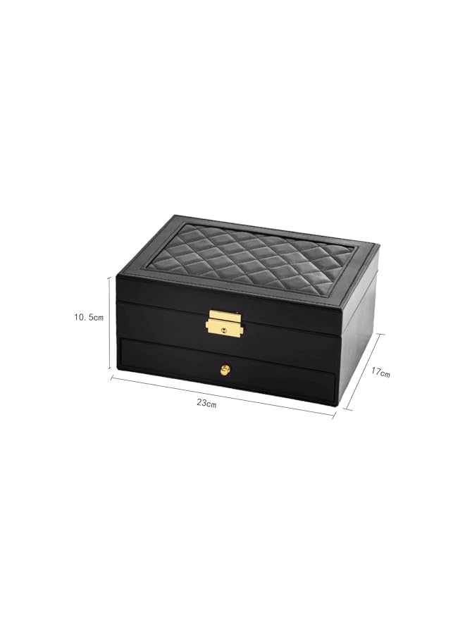 The Bros Jewelry Box, PU Jewelry Case, 2 Layers Jewelry Storage Organizer With Lock for Necklace Earring Ring Bracelets for Women Girls Gift (Black) - Image 2
