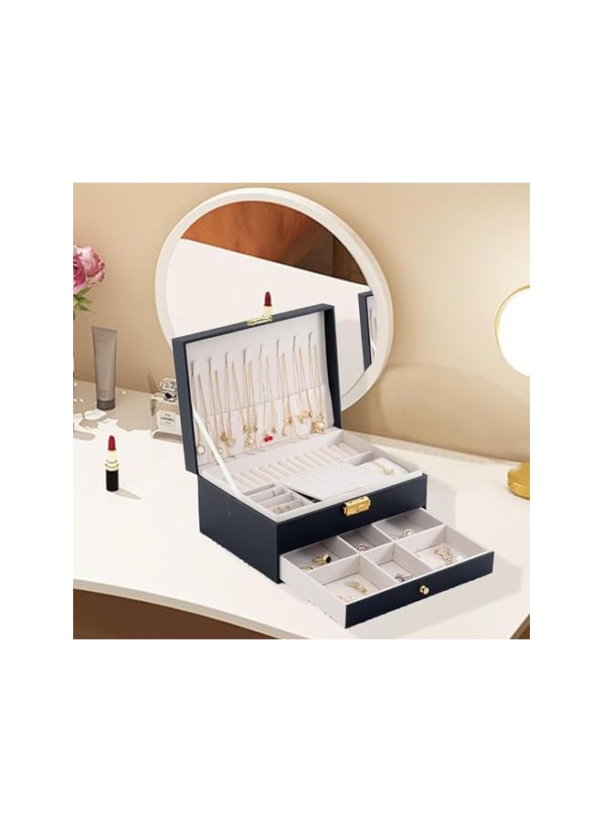 The Bros Jewelry Box, PU Jewelry Case, 2 Layers Jewelry Storage Organizer With Lock for Necklace Earring Ring Bracelets for Women Girls Gift (Black) - Image 4