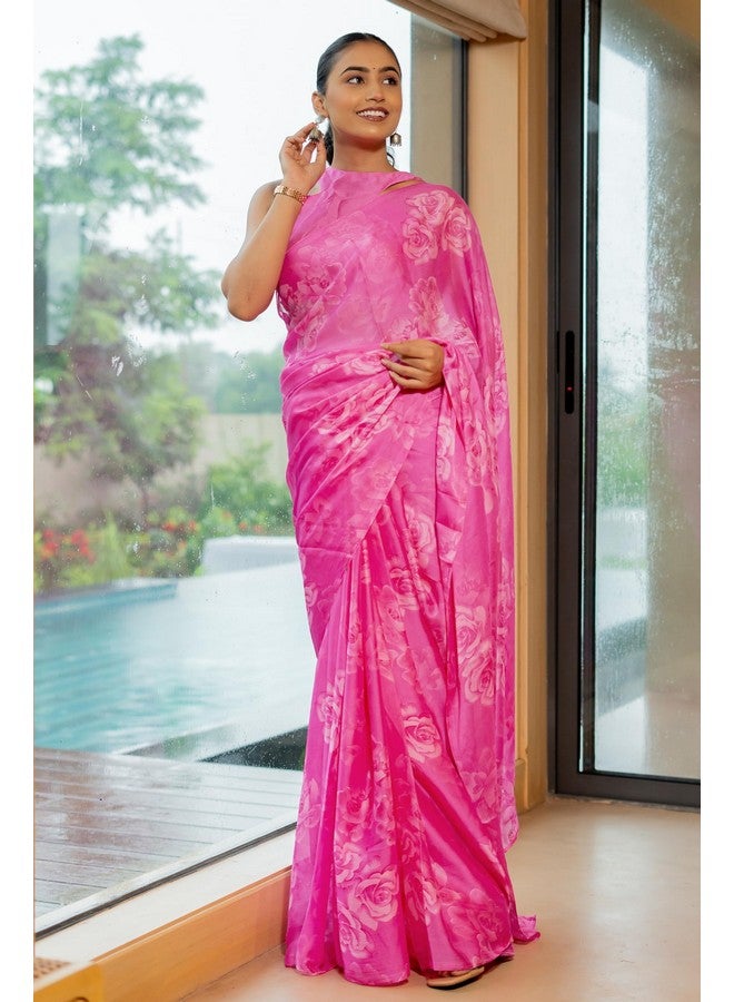 MIRCHI FASHION MIRCHI FASHION Chiffon Georgette Floral Printed Sarees for Women with Blouse Piece (42392-Bright Pink, Off White) - Image 2