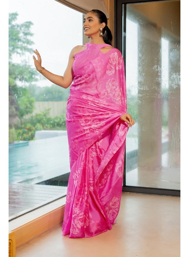 MIRCHI FASHION MIRCHI FASHION Chiffon Georgette Floral Printed Sarees for Women with Blouse Piece (42392-Bright Pink, Off White) - Image 4
