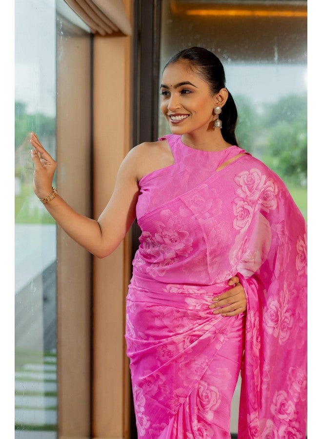 MIRCHI FASHION MIRCHI FASHION Chiffon Georgette Floral Printed Sarees for Women with Blouse Piece (42392-Bright Pink, Off White) - Image 5