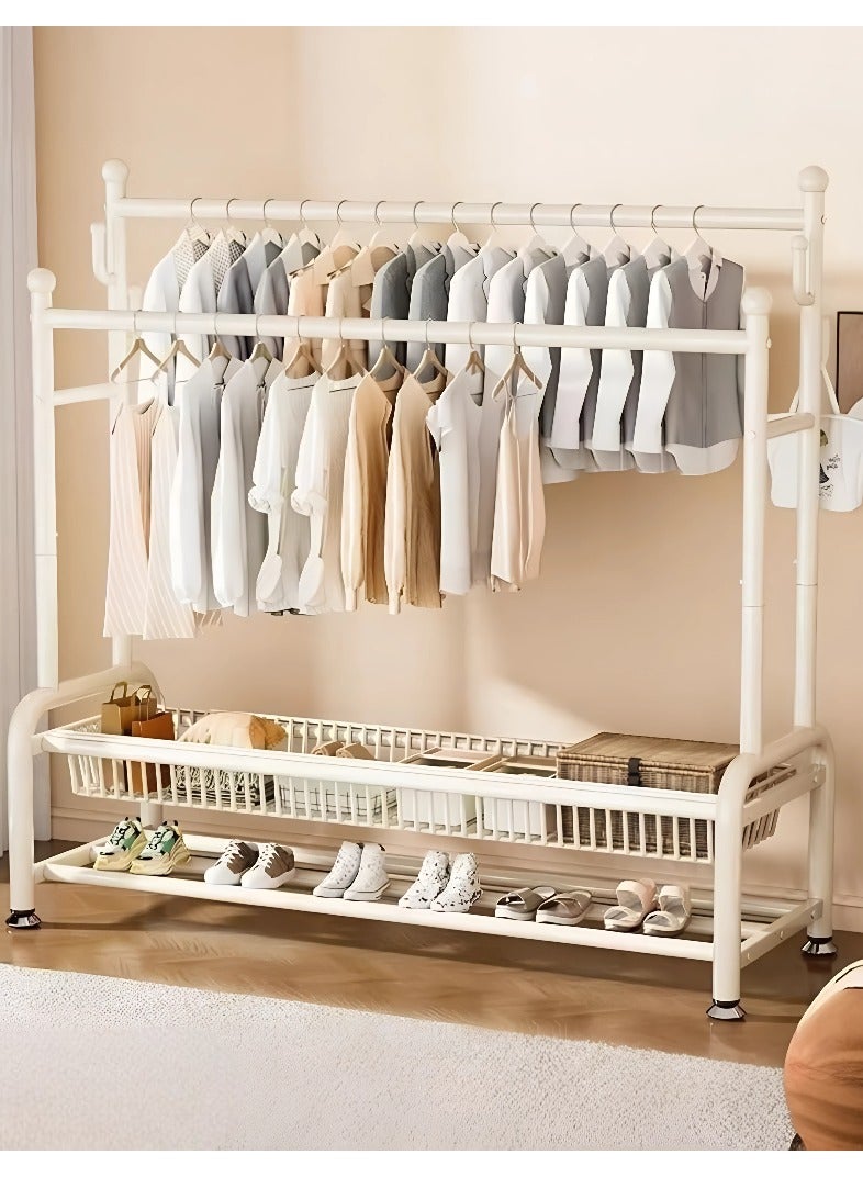 Alissa Ultra-Sturdy Double Rod Clothing Rack – White Metal Frame with 32mm Pipes, Open Basket & Bottom Shelf for Shoes, Bags & Daily Storage (170×150×38cm)  - Image 1