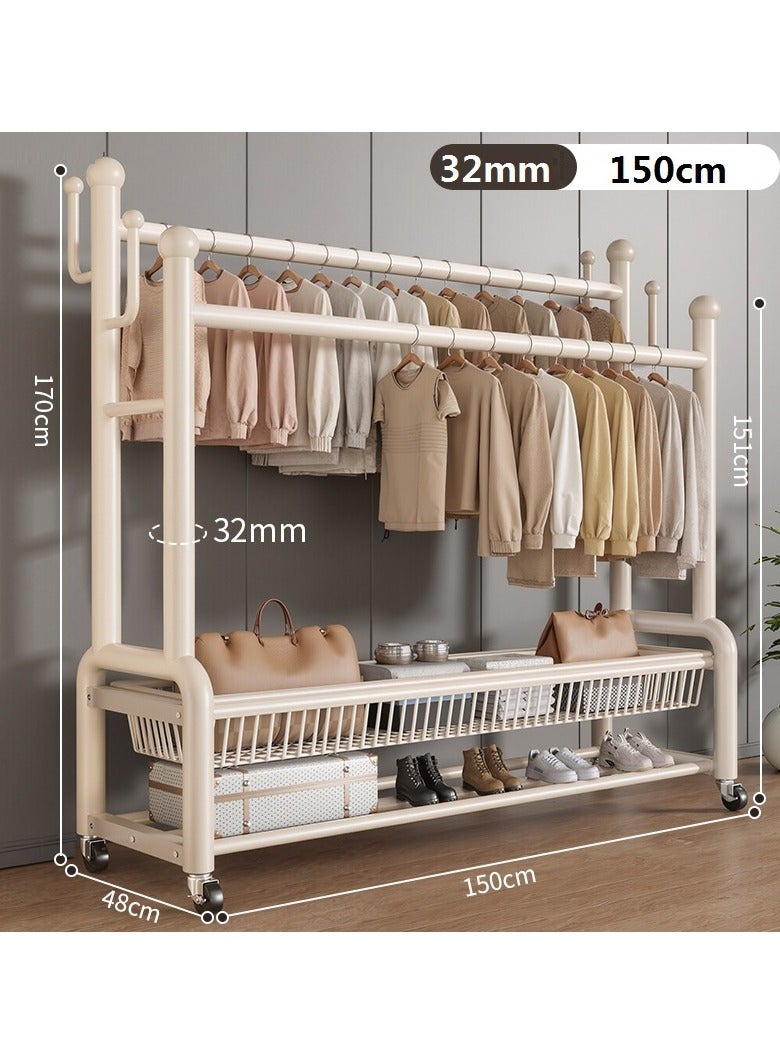 Alissa Ultra-Sturdy Double Rod Clothing Rack – White Metal Frame with 32mm Pipes, Open Basket & Bottom Shelf for Shoes, Bags & Daily Storage (170×150×38cm)  - Image 2