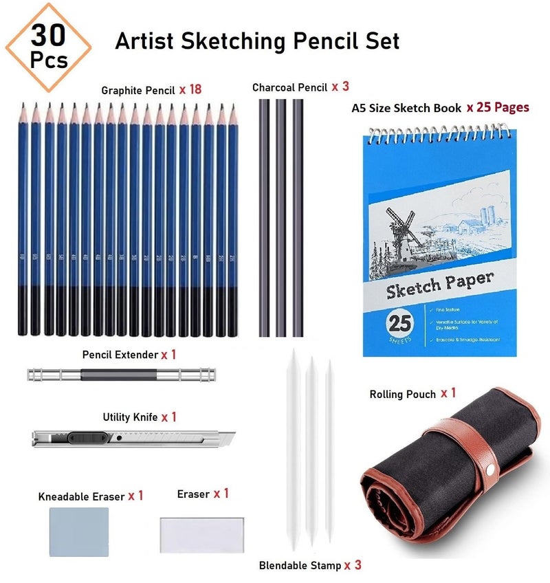 Corslet 30 Pc Professional Art Drawing Charcoal Pencils Kit Set For Artists With A5 Sketch Book Shading Sketching Graphite Sketch Supplies Stationary Adults Tools Best Gifts Beginners (Including Bag) - Image 2