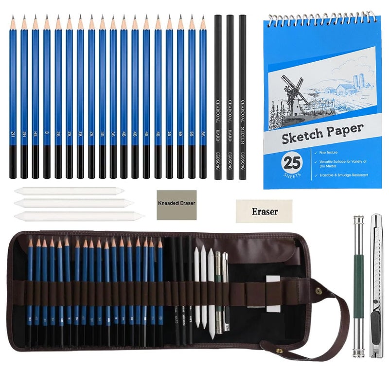 Corslet 30 Pc Professional Art Drawing Charcoal Pencils Kit Set For Artists With A5 Sketch Book Shading Sketching Graphite Sketch Supplies Stationary Adults Tools Best Gifts Beginners (Including Bag) - Image 1