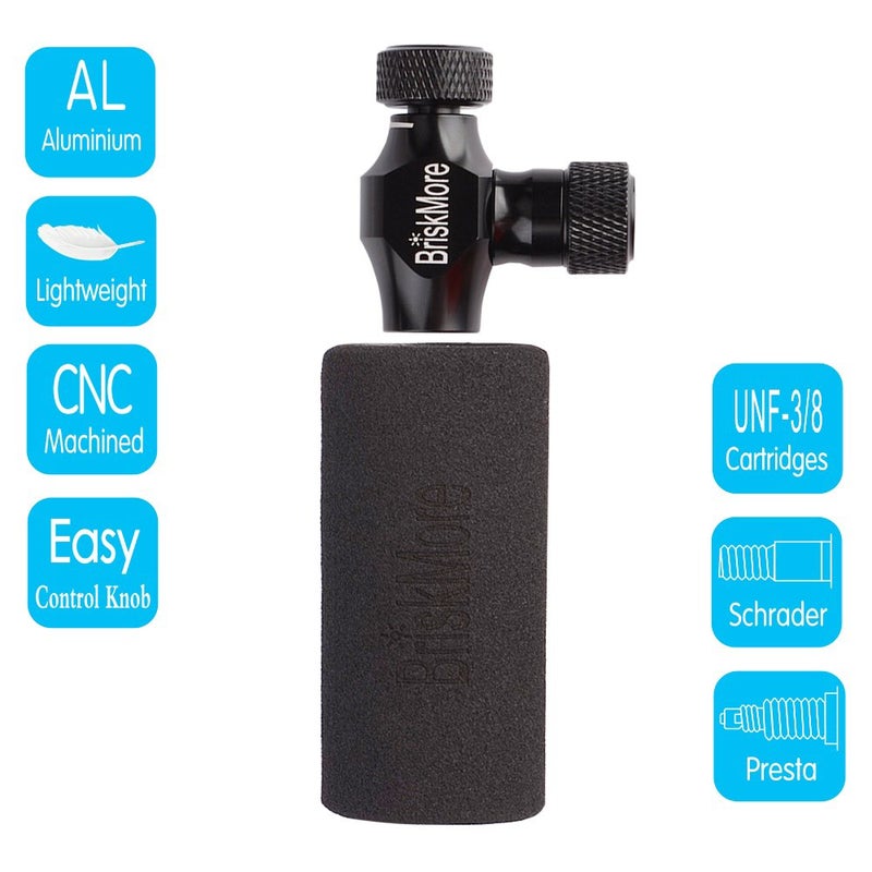 BriskMore Black CO2 Inflator Presta and Schrader Valve Compatible Bicycle Tire Pump for Mountain and Road Bikes with Insulated Sleeve - No CO2 Cartridges Included, Quick&Easy - Image 2