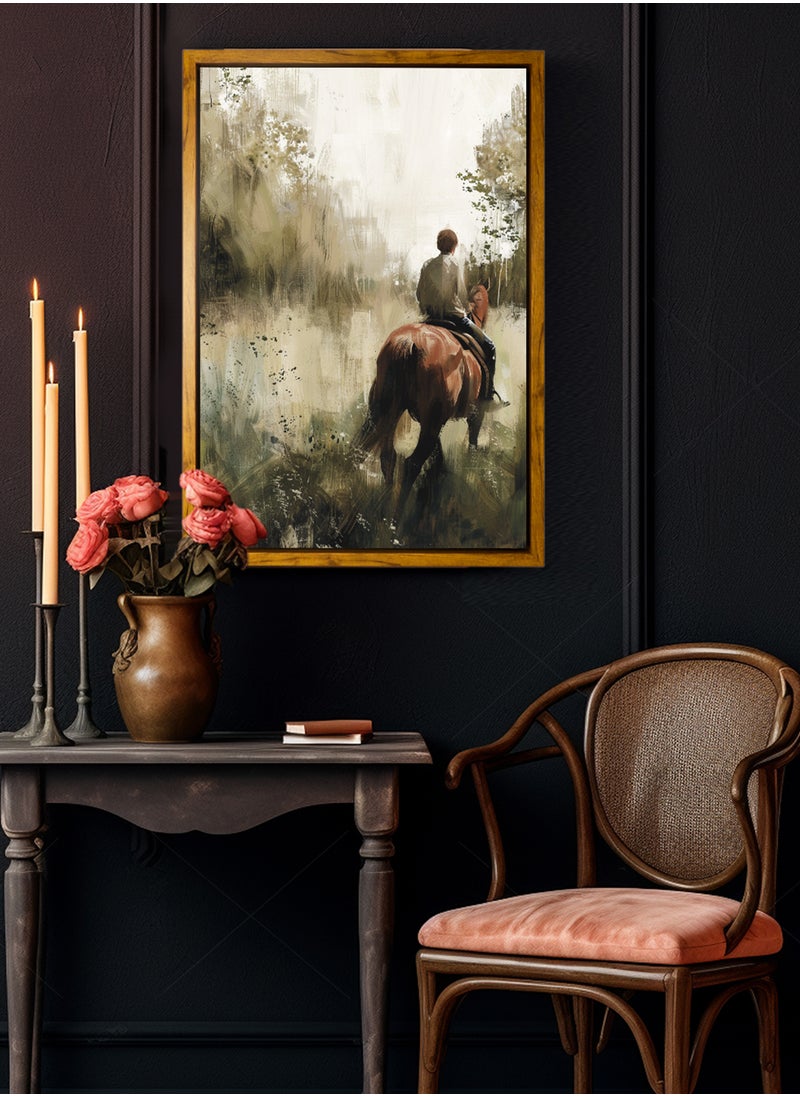LOWHA Canvas Wall Art Stretched Over Wooden Frame with Wooden Color Floating Frame and Vintage Style Boy on a Horse Oil Painting  - Image 1