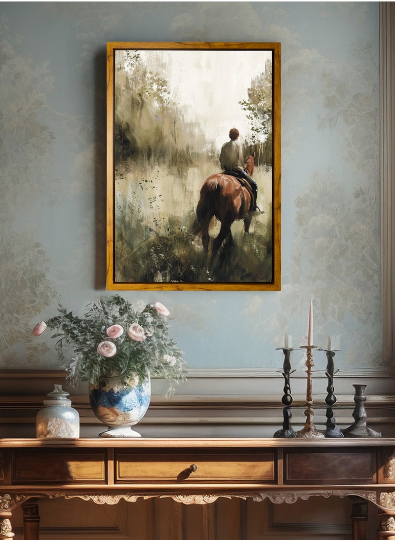 LOWHA Canvas Wall Art Stretched Over Wooden Frame with Wooden Color Floating Frame and Vintage Style Boy on a Horse Oil Painting  - Image 3