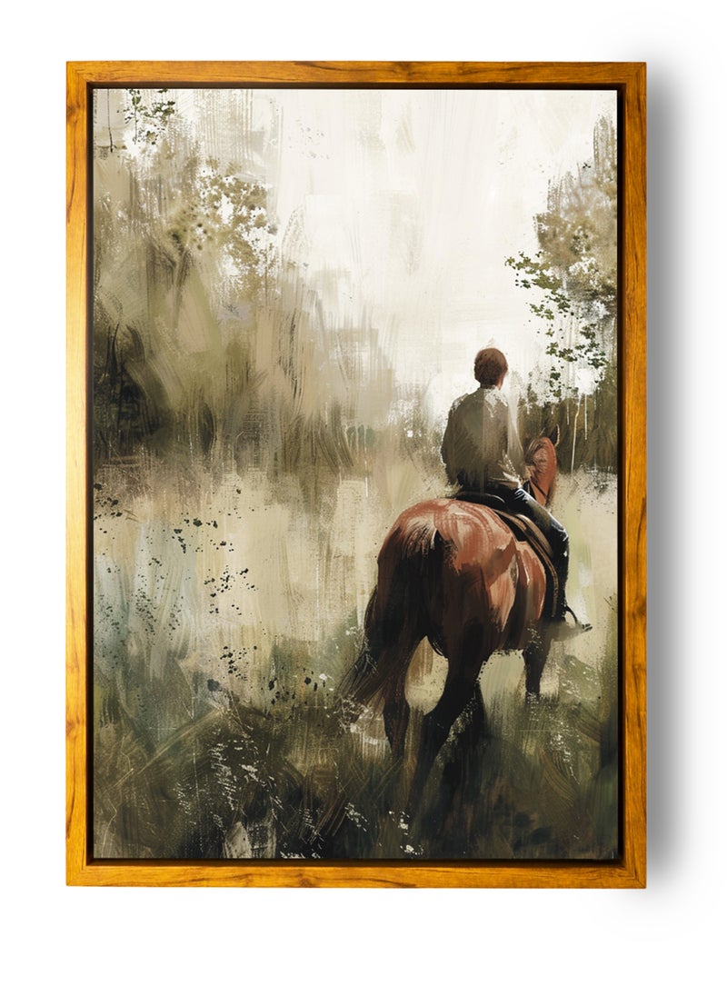 LOWHA Canvas Wall Art Stretched Over Wooden Frame with Wooden Color Floating Frame and Vintage Style Boy on a Horse Oil Painting  - Image 5
