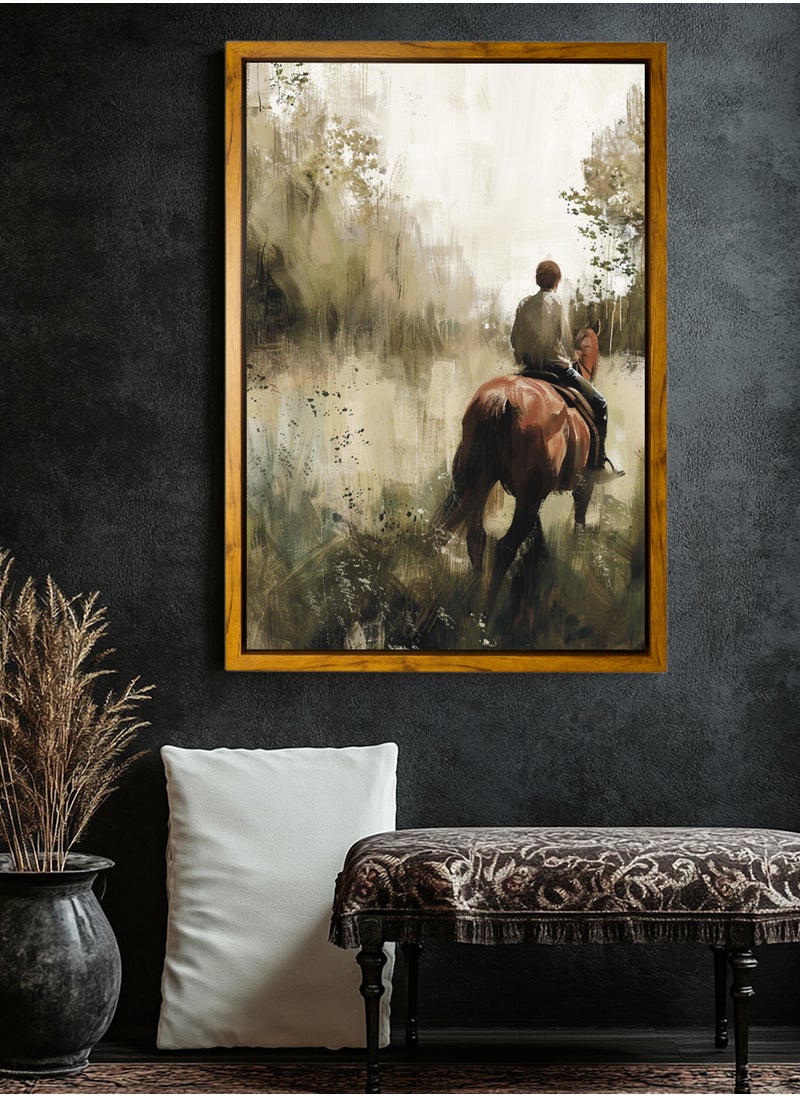 LOWHA Canvas Wall Art Stretched Over Wooden Frame with Wooden Color Floating Frame and Vintage Style Boy on a Horse Oil Painting  - Image 4