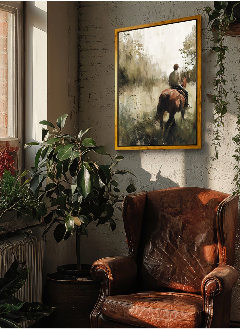 LOWHA Canvas Wall Art Stretched Over Wooden Frame with Wooden Color Floating Frame and Vintage Style Boy on a Horse Oil Painting  - Image 2