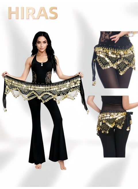 Belly Dance Hip Scarf with Gold Coins | Adjustable Waist Chain Belt for Women | Metal Coin & Bead Trim | Black