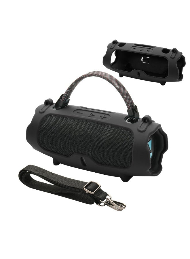 حالة السيليكون لشحن JBL 6 مكبر الصوت المحمول ، السفر يحمل غطاء واقي مع حزام الكتف القابل للتعديل غطاء منفذ USB المضاد للغبار لشحن 6 ملحقات مكبر الصوت (أسود) - Image 1