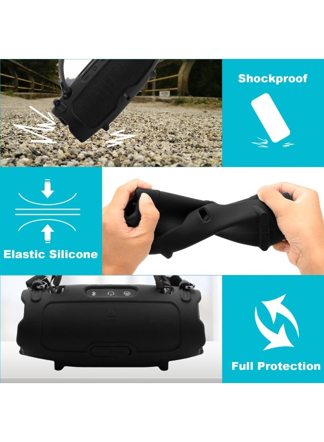 حالة السيليكون لشحن JBL 6 مكبر الصوت المحمول ، السفر يحمل غطاء واقي مع حزام الكتف القابل للتعديل غطاء منفذ USB المضاد للغبار لشحن 6 ملحقات مكبر الصوت (أسود) - Image 3