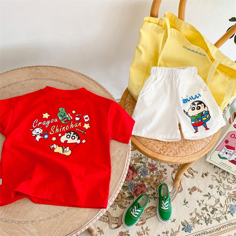 2024 summer childrens new boys and girls kindergarten cute printed comfortable loose casual shorts short sleeve suit Red T white pants suit 