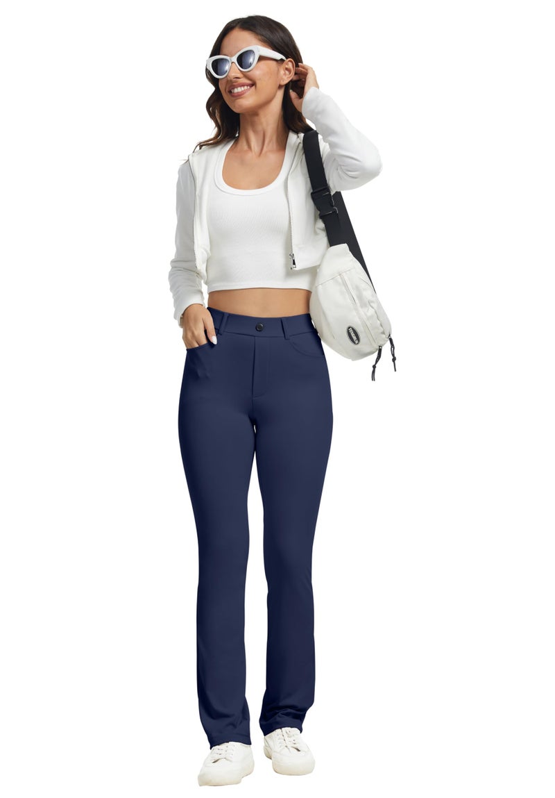 VIMPEP Yoga Pants Women Straight Leg Pants with Pockets High Waist Stretchy Pull On Dress Slacks for Casual Lounge Office Work Petite/Regular 1202 29 Navy Blue M - Image 4