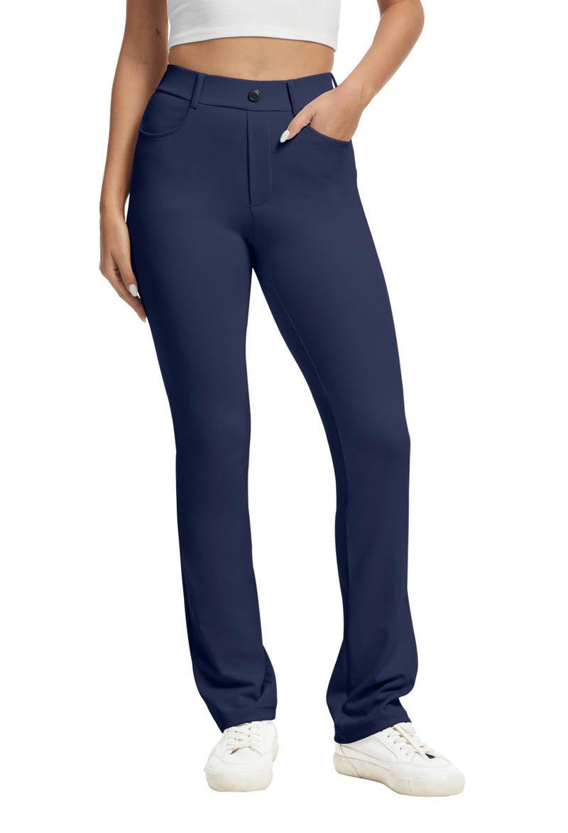 VIMPEP Yoga Pants Women Straight Leg Pants with Pockets High Waist Stretchy Pull On Dress Slacks for Casual Lounge Office Work Petite/Regular 1202 29 Navy Blue M - Image 1