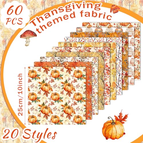 Ganeen 60 Pcs 10 x 10 Inch Fall Quilting Fabric Squares Thanksgiving Fat Patchwork Precut Strips Retro Pumpkin Maple Leaf Bundles for Harvest Autumn Holiday DIY Craft Sewing Quilt Material Handmade - Image 3