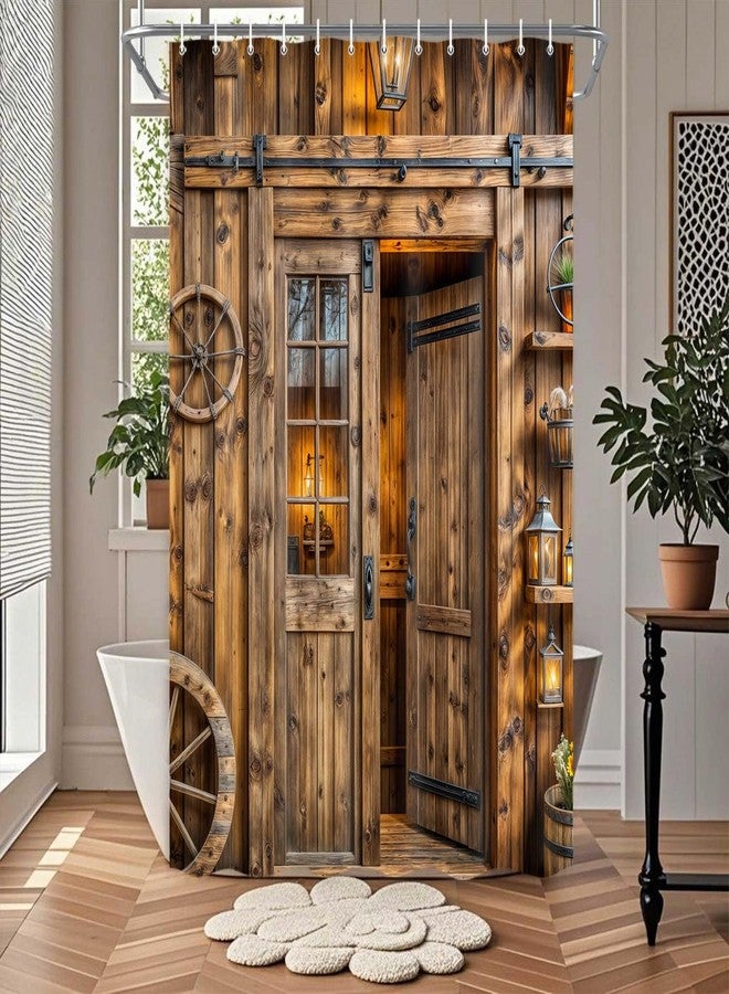 Drgilau Rustic Barn Door Shower Curtain, Farmhouse Door Shower Curtain Brown Western Bathroom Curtains Decor Waterproof Retro Farm Wood Bathroom Curtains with Hooks 72X72 Inch - Image 4