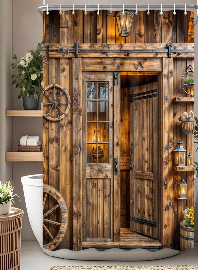 Drgilau Rustic Barn Door Shower Curtain, Farmhouse Door Shower Curtain Brown Western Bathroom Curtains Decor Waterproof Retro Farm Wood Bathroom Curtains with Hooks 72X72 Inch - Image 2
