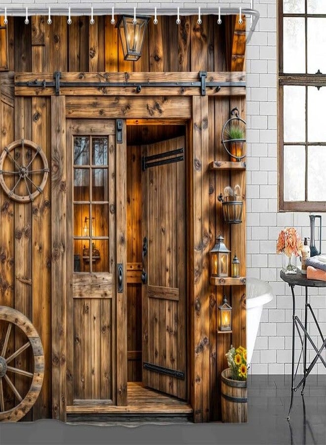 Drgilau Rustic Barn Door Shower Curtain, Farmhouse Door Shower Curtain Brown Western Bathroom Curtains Decor Waterproof Retro Farm Wood Bathroom Curtains with Hooks 72X72 Inch - Image 1