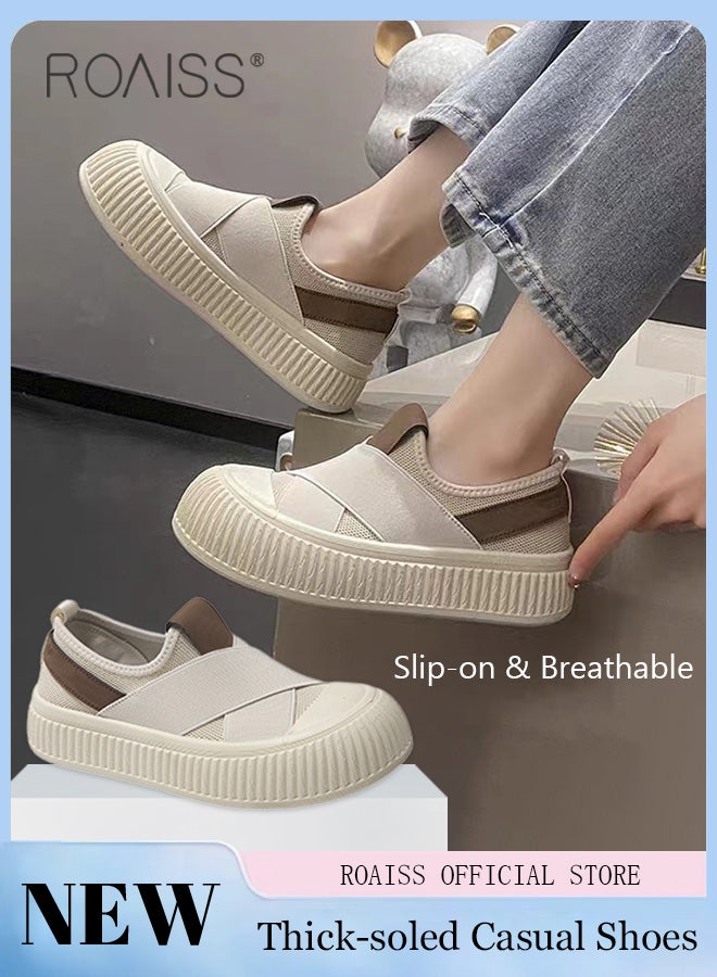 roaiss Platform Sole Canvas Shoes Lightweight and Breathable Slip On Design Casual Cloth Shoes Solid Color  - Image 2